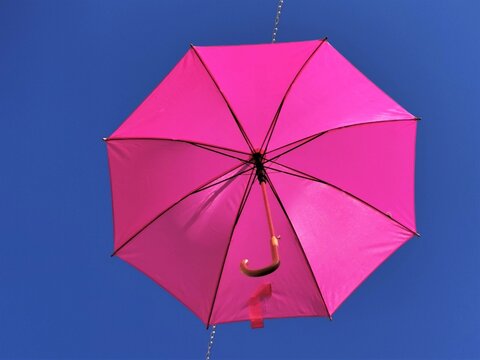 Vue de dessous de parapluies roses ouverts sous un fond de ciel bleu, symbolisant la lutte et la sensibilisation des femmes au d&eacute;pistage du cancer du sein