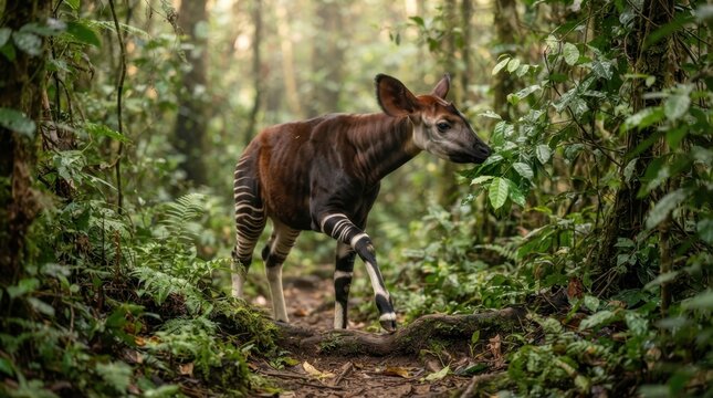 Okapi walks through a lush green rainforest with dappled sunlight filtering through the trees