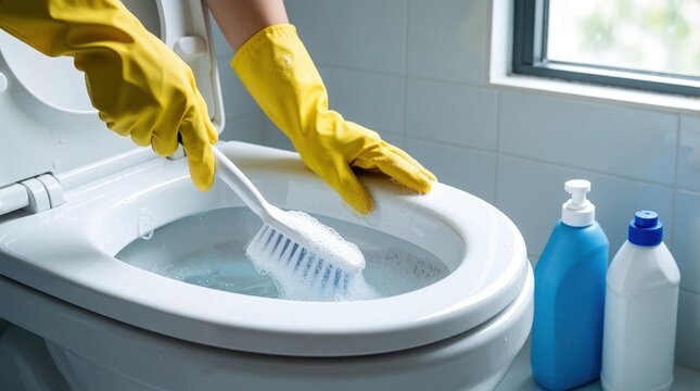 Person wearing yellow gloves scrubs toilet bowl with brush and cleaning liquid. Bathroom hygiene and maintenance with soap suds and sanitizing agents.