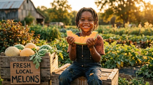 Joyful child eating fresh cantaloupe slice in a sunlit farm field