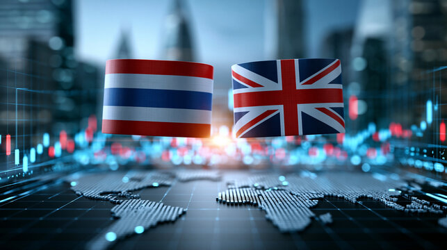 Flags of thailand and the united kingdom against a digital cityscape background representing global connectivity