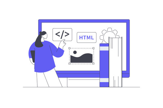 Scripts Programming and HTML Web Code Development. Female Specialist Standing near HTML Screen with Code Tags and Books. Flat Cartoon Vector Illustration, icon Stylish abstract design landing page web