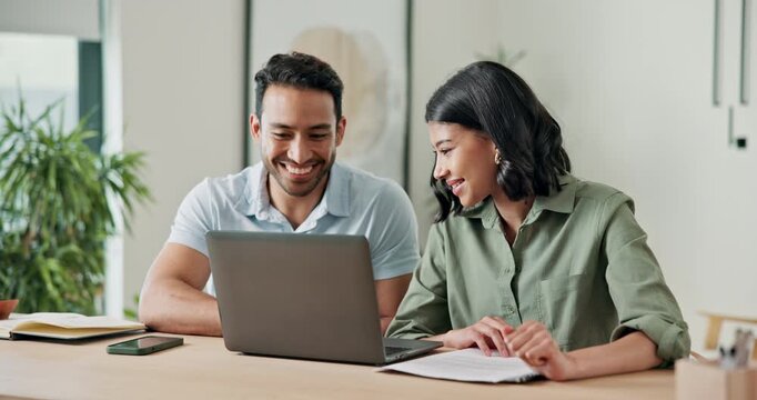 Happy, couple and finance with laptop in home for investment plan, expenses or bills together. Man, woman or financial audit with documents, computer or smile for budget, cost or profit in house