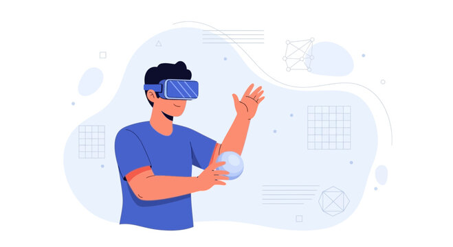 Man wearing VR headset interacting with virtual reality simulation with futuristic interface elements and digital graphics