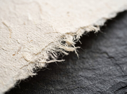 Macro close up of torn deckle edge on handmade textured cotton paper
