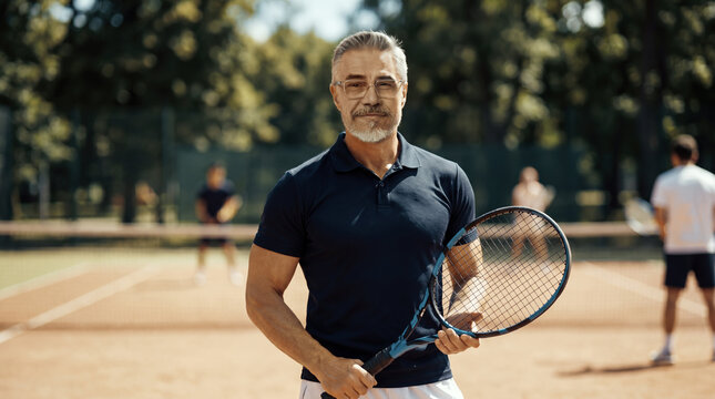 Portrait of mature man with gray hair, beard and glasses, holding tennis racket on clay court. Confident middle aged player in polo shirt, smiling. Active senior athlete, healthy club match.
