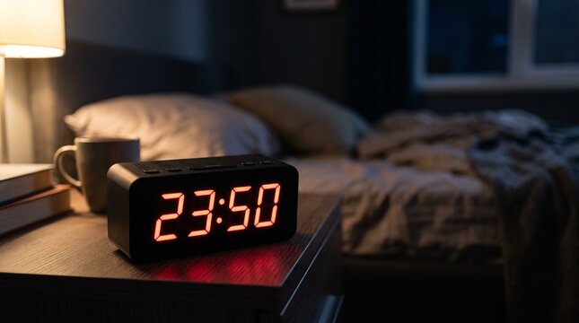 Digital alarm clock displays 23 50 on a bedside table next to a bed and lamp