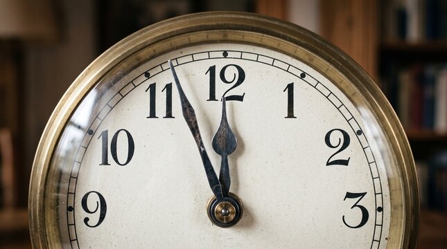 Close up of an antique clock face showing nearly midnight or noon with brass casing and detailed hands