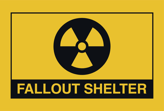 Iconic yellow fallout shelter sign with a black radiation symbol and bold text creates a grim mood of nuclear emergency.