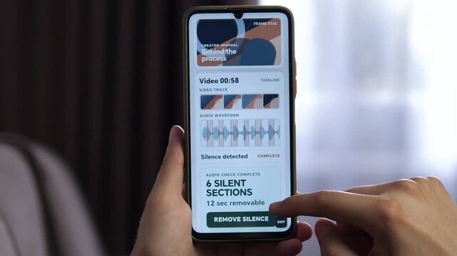 User reviews silent sections detected in a mobile video editor, highlighting automated audio cleanup, faster post-production and efficient content creation on smartphones.
