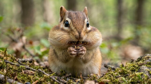 Chipmunk with full cheeks stuffing seeds into its mouth in the forest