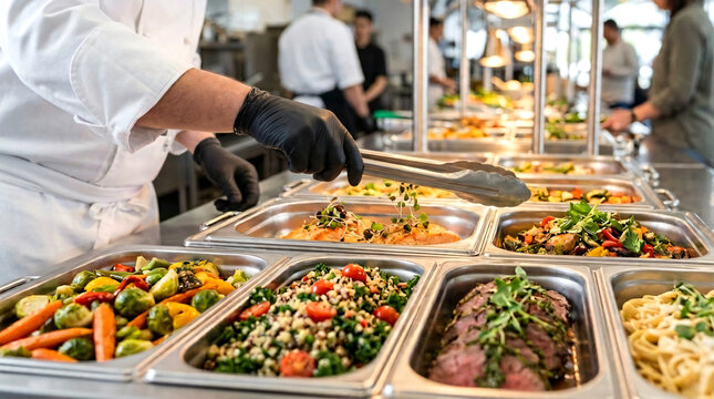 Professional chef's hands serving and arranging freshly prepared dishes behind a full lunch service station filled with an assortment of gourmet food presented in stainless steel buffet trays. 