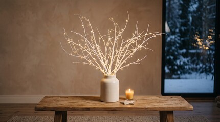 Fototapeta premium Warm glowing LED twig branches in a vase on a rustic wooden table with a candle and winter scene outside