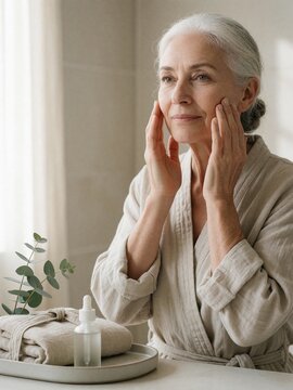 Senior woman applying facial serum