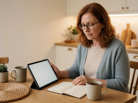 Senior woman with red hair using a tablet at home