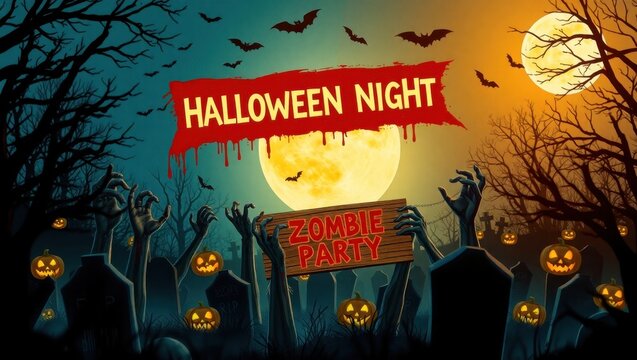 Zombie party halloween night graveyard full moon.