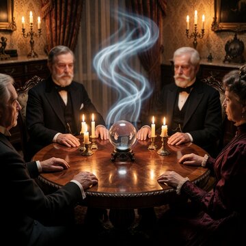 Victorian Seance with Glowing Crystal Ball and Candles