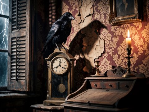 Gothic raven on antique clock in haunted room