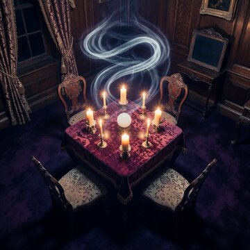 Mystical crystal ball with candles and swirling spirit smoke