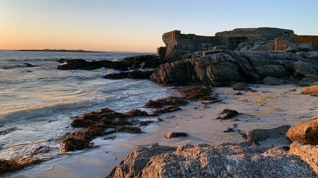 a rocky sea shore with sandy patches,bright yellow periwinkles scattered about in the sand, dying seaweed at the water line, yellow pine tree pollen on the waves,a concrete fort in the distance,sunset