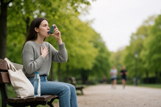 Young woman using asthma inhaler sitting on park bench outdoors