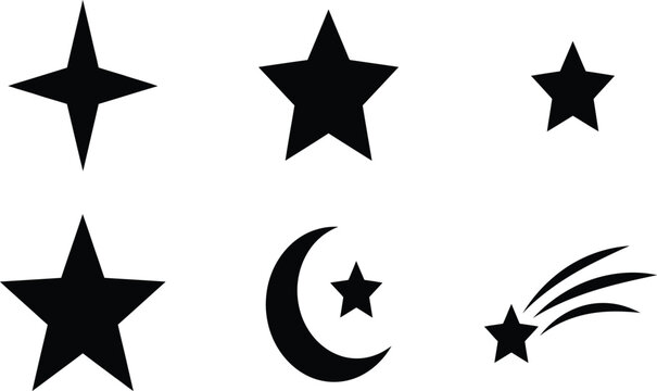 Set of black hand drawn star and moon shapes on white