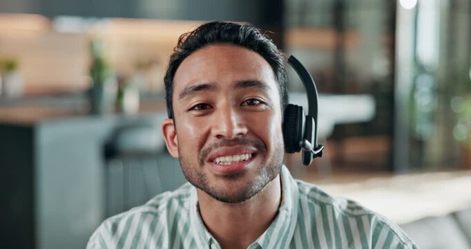 Video call, face and talking with man in home for online meeting, headset and pr advisor. Virtual consultant, planning and contact with person and tech in house for feedback, project and webinar