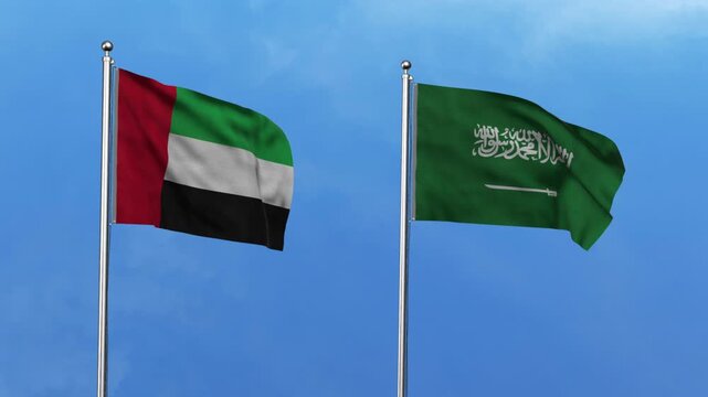 United Arab Emirates  and Saudi Arabia Waving Flags, 3D Illustration