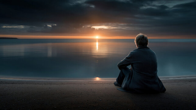 Reflective solitude a person sitting on the beach at sunset embracing tranquility and nature's beauty