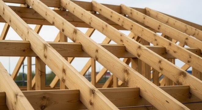Close Up View Of A New Wooden Roof Frame Structure With Timber Rafters And Trusses Under Construction
