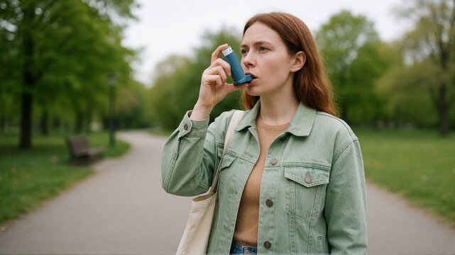 Woman Using Asthma Inhaler Outdoors