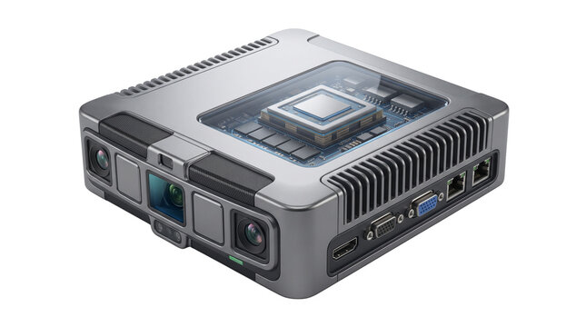 Industrial mini PC with visible internal processor, compact silver workstation computer, high-performance edge computing hardware on white background