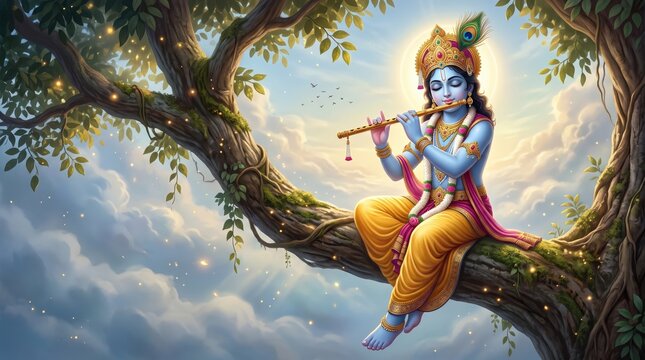 Lord krishna sitting on a tree branch playing flute with peacock feather crown in a magical krishna janmashtami