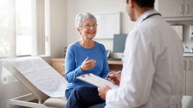Smiling Elderly Woman With Glasses Talks To Doctor Wearing Stethoscope In Bright Examination Room With Patient Table