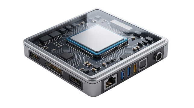 Futuristic mini PC with transparent casing, compact workstation computer with visible internal hardware, sleek silver desktop hub