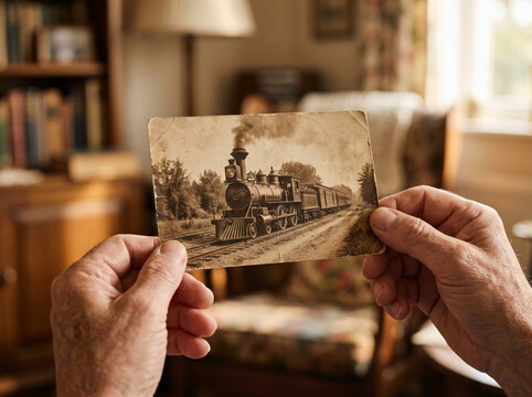 Hands holding vintage sepia postcard showing old steam train on railway