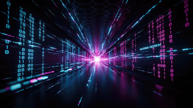Digital tunnel with glowing binary code moving through a futuristic data network corridor space with illuminated corridor representing streams travel