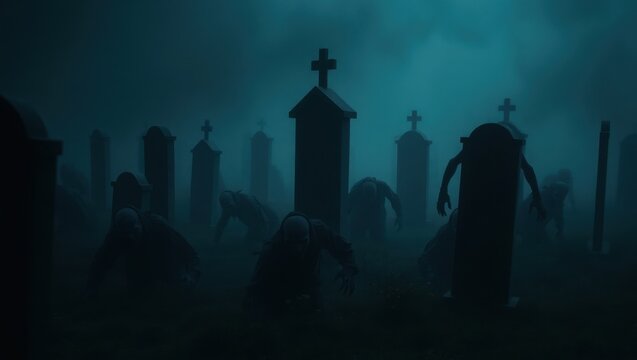 Zombies crawling out of graves in a dark foggy cemetery.