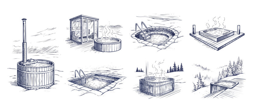 Outdoor hot tub sauna sketch illustration set of wooden barrel jacuzzis with steaming water in winter landscape, spa resort line art drawing vector graphic bundle for relaxation wellness concept.