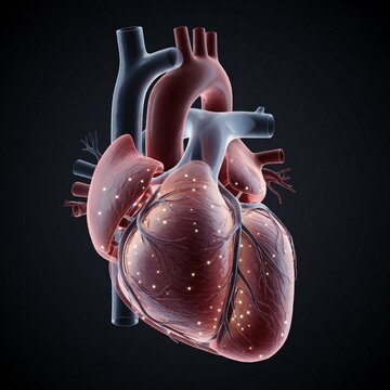 3D render of a human heart with glowing particles on a dark background