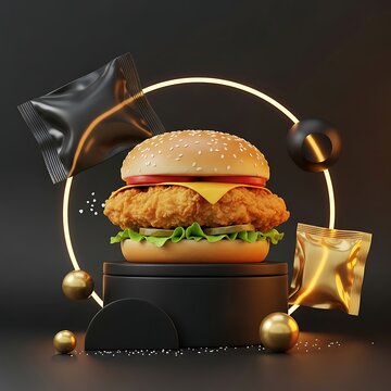 Large burger with bite taken on dark background