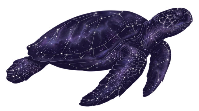 Sea Tortoise from stars and nebula. Galaxy sea turtle constellation art. Space animal illustration with cosmic background. Aesthetical design of starry animal shape.