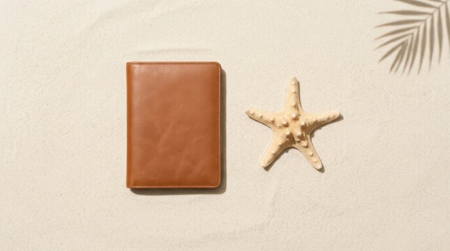 Brown leather passport holder and starfish on beach sand flat lay
