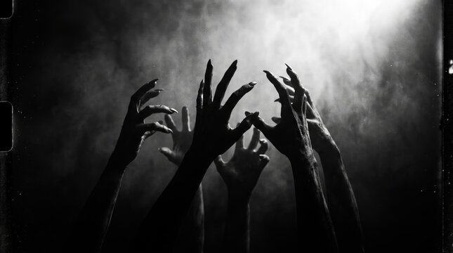 Spooky silhouette of reaching zombie hands in the dark for a creepy and dramatic halloween background theme