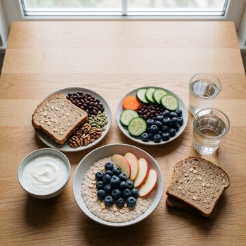 Healthy breakfast bowl with oatmeal, fruit, yogurt and whole grain bre