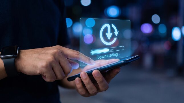 Person using a smartphone to download digital data with a holographic progress bar overlay with holographic interface displaying holds smartphone interacts bar dark environment telecommunication