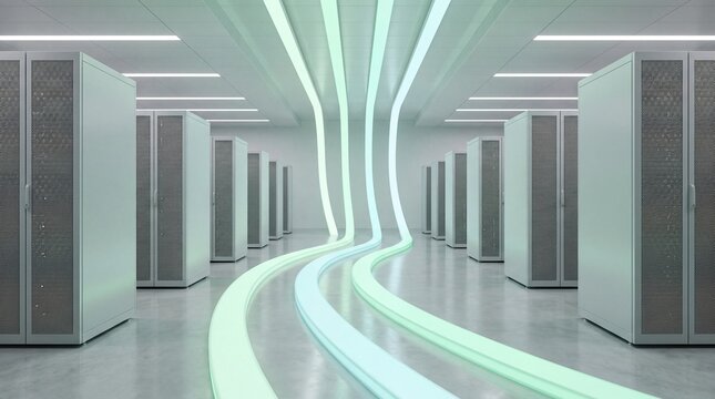 Data Center Hallway: A futuristic, brightly lit hallway in a modern data center, with rows of server racks and glowing lines of light flowing towards the viewer.
