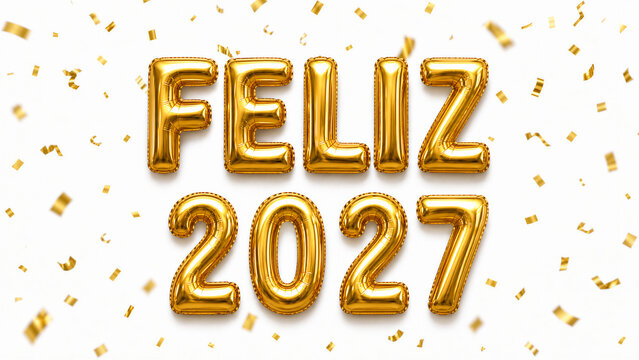 Bal&otilde;es dourado de R&eacute;veillon  em formato de Feliz 2027 com papeis caindo isolado em fundo branco 