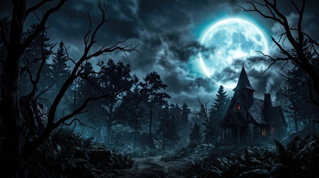 Spooky haunted house in a dark forest under a glowing full moon for a festive halloween background