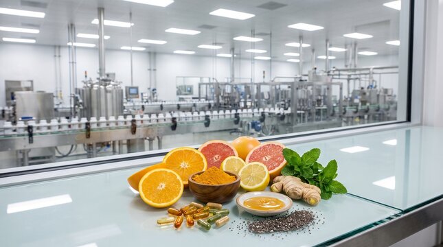 Pharmaceutical production facility, dietary supplement manufacturing factory, vitamin ingredients with citrus fruit and capsules on glass laboratory table